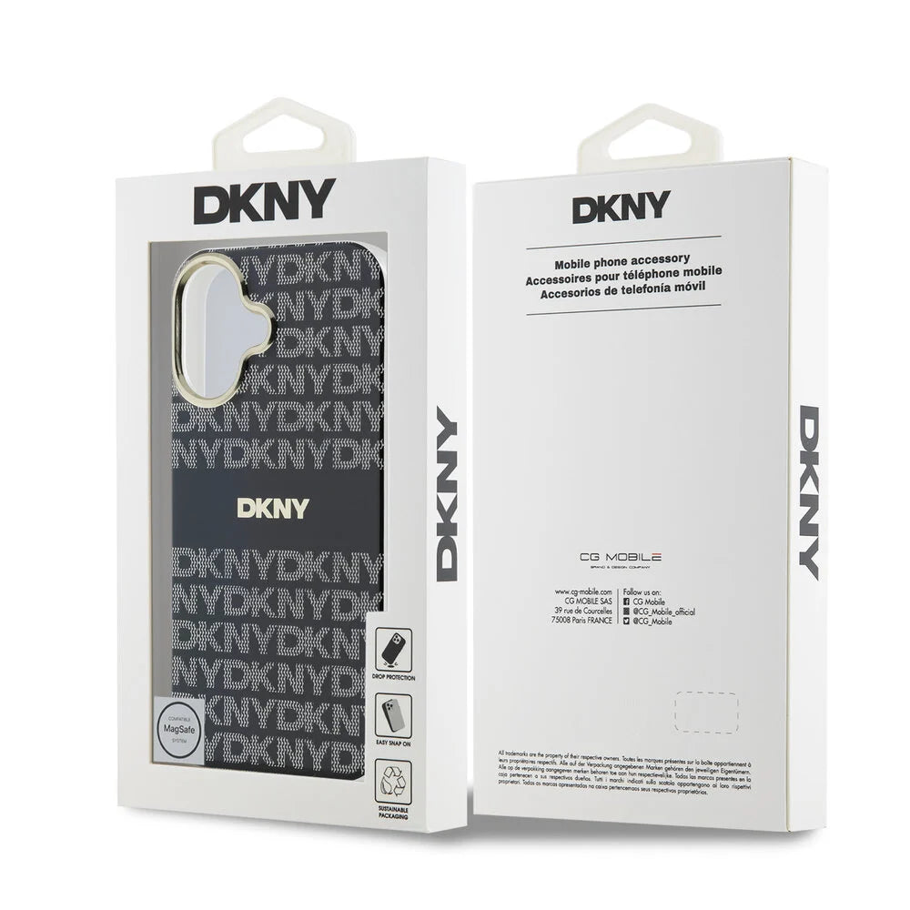 DKNY iPhone 16 Backcover hoesje PC/TPU Repeat Pattern Tonal Stripe Magsafe - Zwart