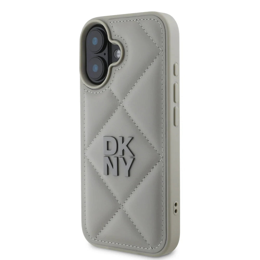 DKNY iPhone 16 Backcover hoesje PU Leather Quilted Stack Logo - Grijs