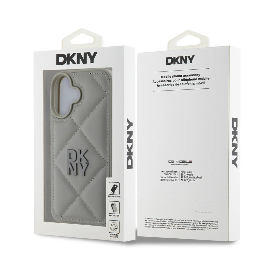 DKNY iPhone 16 Backcover hoesje PU Leather Quilted Stack Logo - Grijs