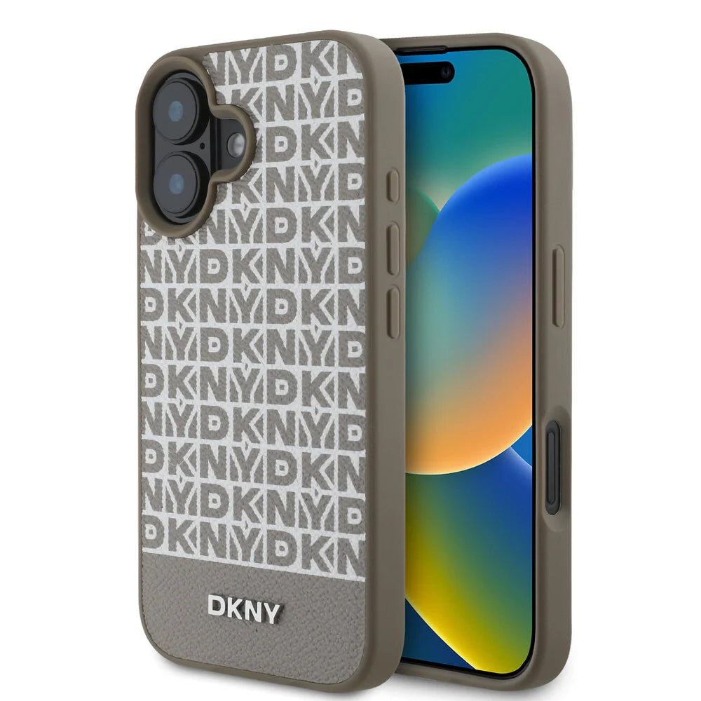 DKNY iPhone 16 Backcover hoesje PU Leather Repeat Pattern Bottom Stripe MagSafe - Bruin