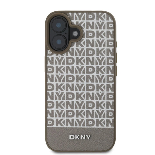DKNY iPhone 16 Backcover hoesje PU Leather Repeat Pattern Bottom Stripe MagSafe - Bruin