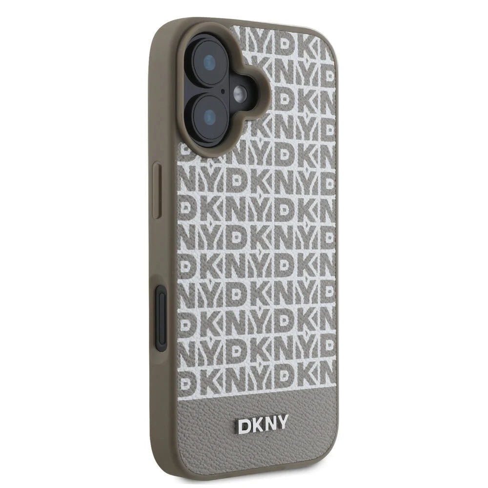 DKNY iPhone 16 Backcover hoesje PU Leather Repeat Pattern Bottom Stripe MagSafe - Bruin