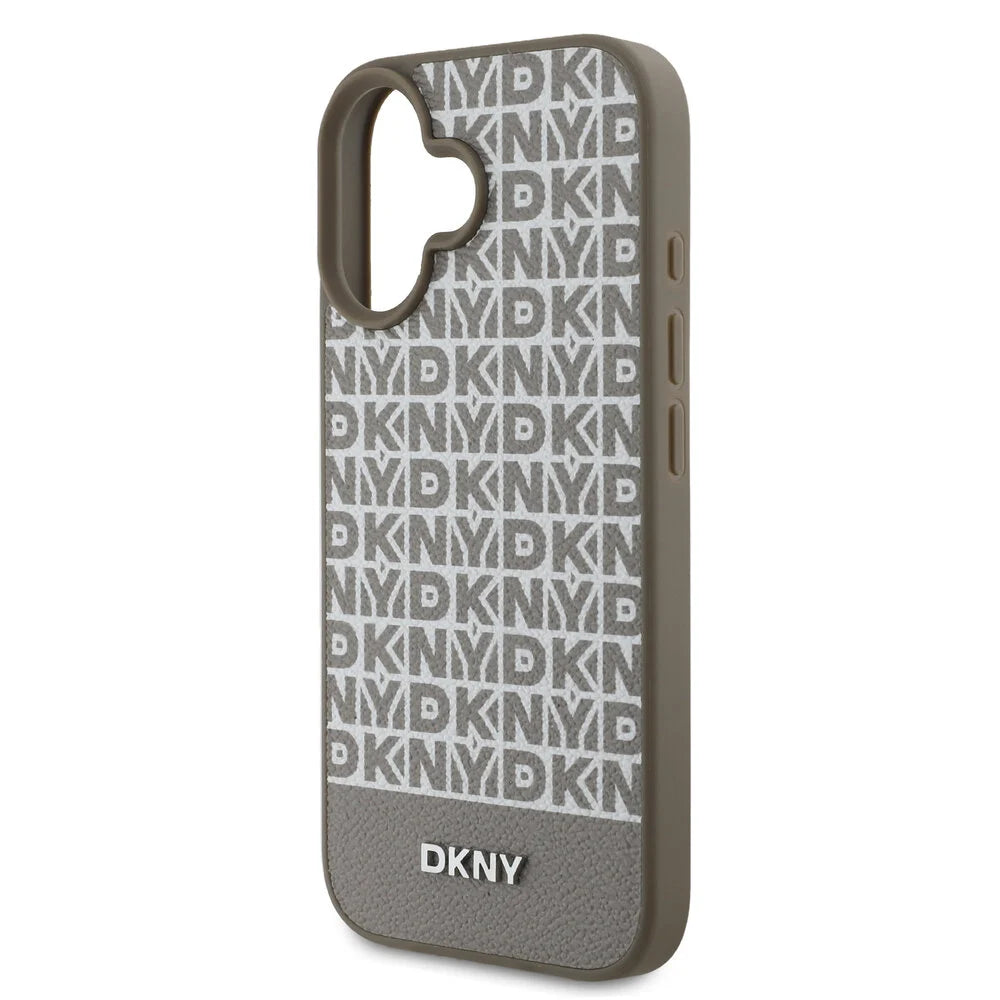 DKNY iPhone 16 Backcover hoesje PU Leather Repeat Pattern Bottom Stripe MagSafe - Bruin