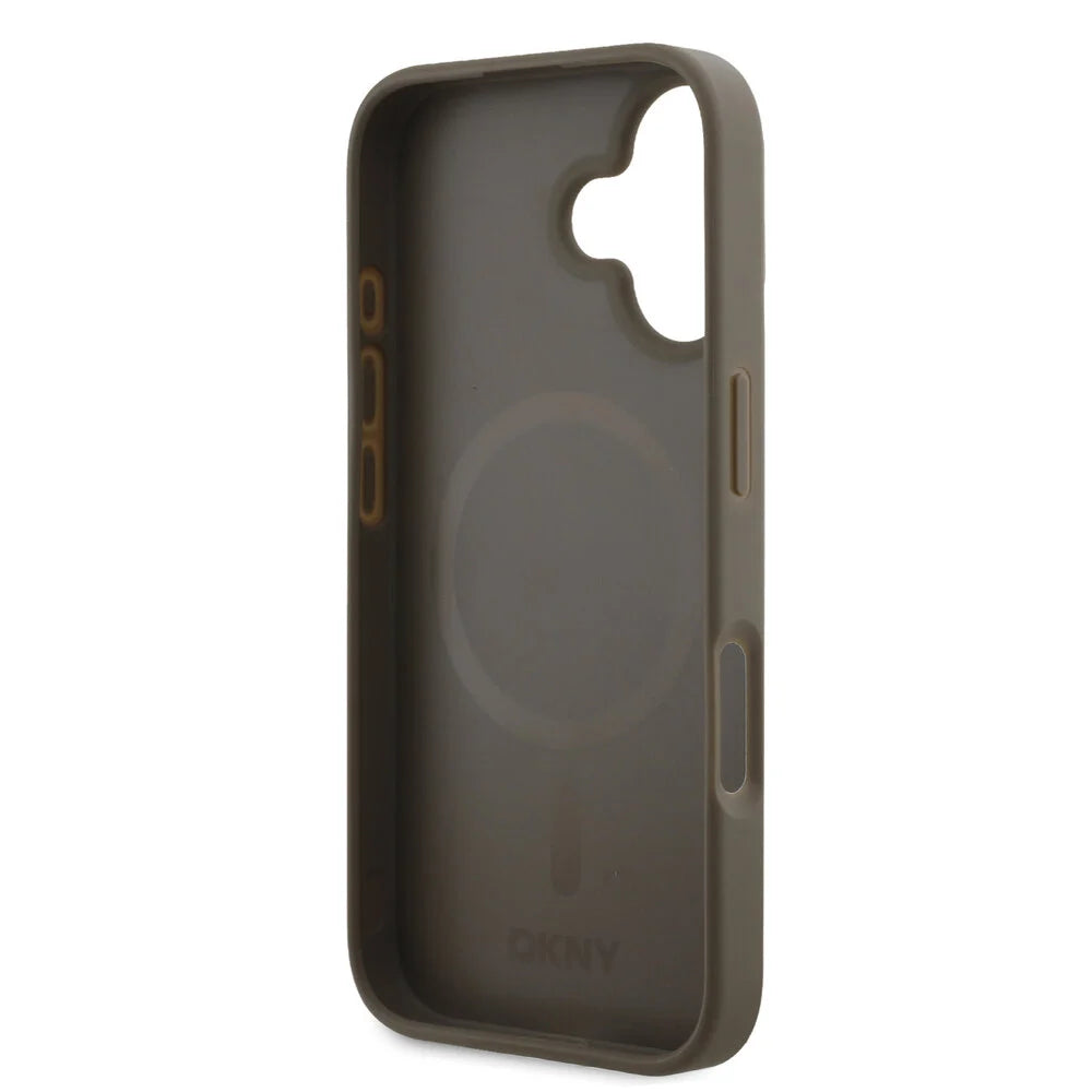 DKNY iPhone 16 Backcover hoesje PU Leather Repeat Pattern Bottom Stripe MagSafe - Bruin