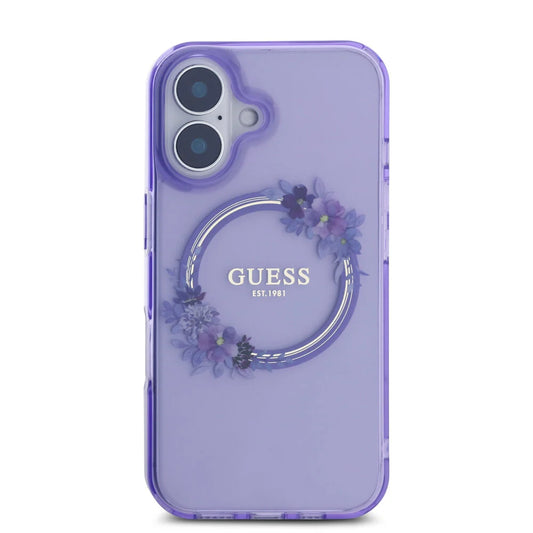 Guess iPhone 16 Backcover hoesje Magsafe IML Flowers - Paars