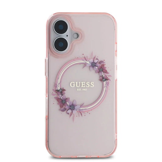 Guess iPhone 16 Backcover hoesje Magsafe IML Flowers - Roze