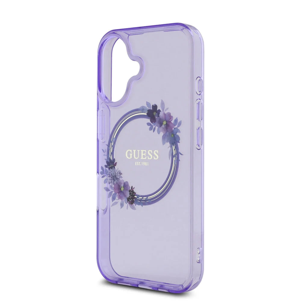 Guess iPhone 16 Backcover hoesje Magsafe IML Flowers - Paars