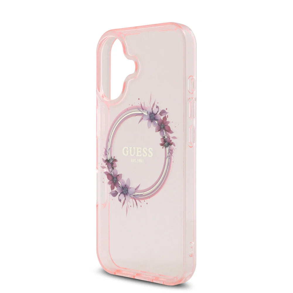 Guess iPhone 16 Backcover hoesje Magsafe IML Flowers - Roze