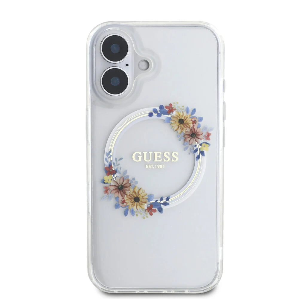 Guess iPhone 16 Backcover hoesje Magsafe IML Flowers - Transparant