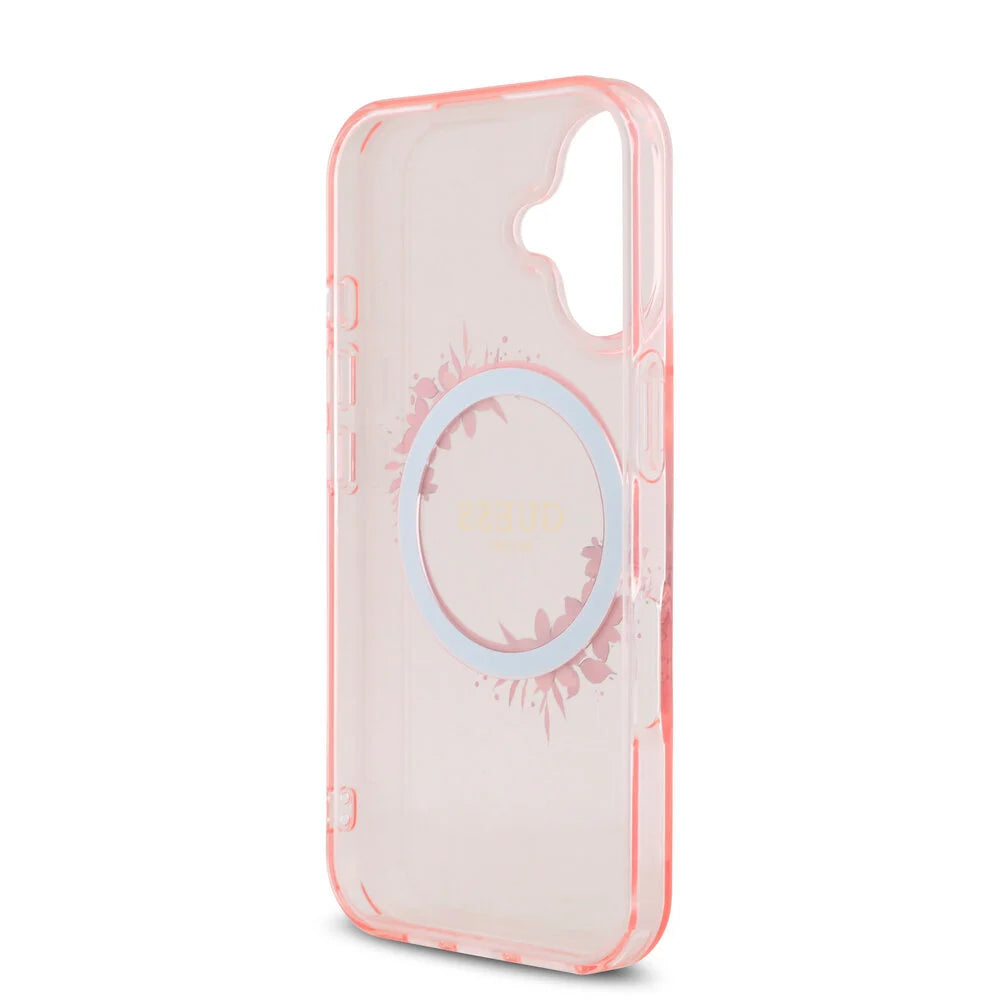 Guess iPhone 16 Backcover hoesje Magsafe IML Flowers - Roze