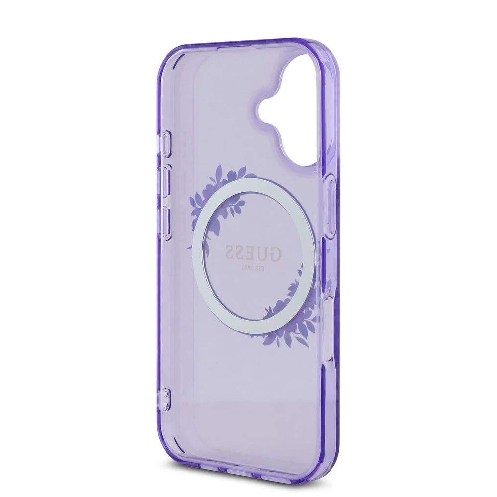 Guess iPhone 16 Backcover hoesje Magsafe IML Flowers - Paars