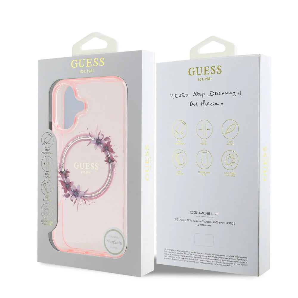 Guess iPhone 16 Backcover hoesje Magsafe IML Flowers - Roze