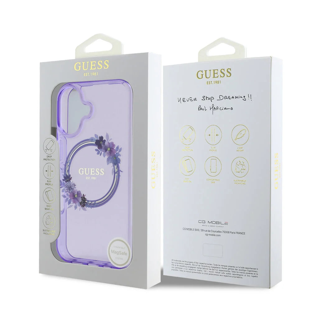 Guess iPhone 16 Backcover hoesje Magsafe IML Flowers - Paars