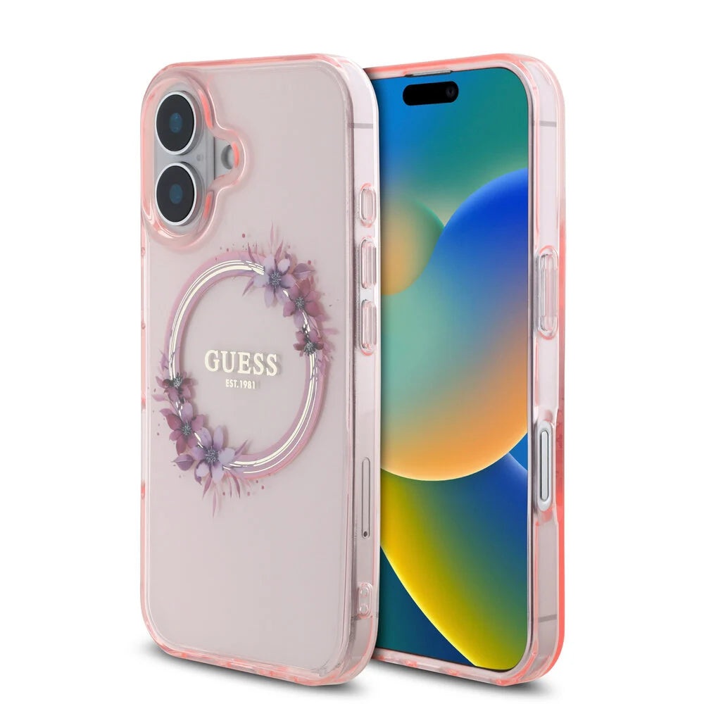 Guess iPhone 16 Backcover hoesje Magsafe IML Flowers - Roze
