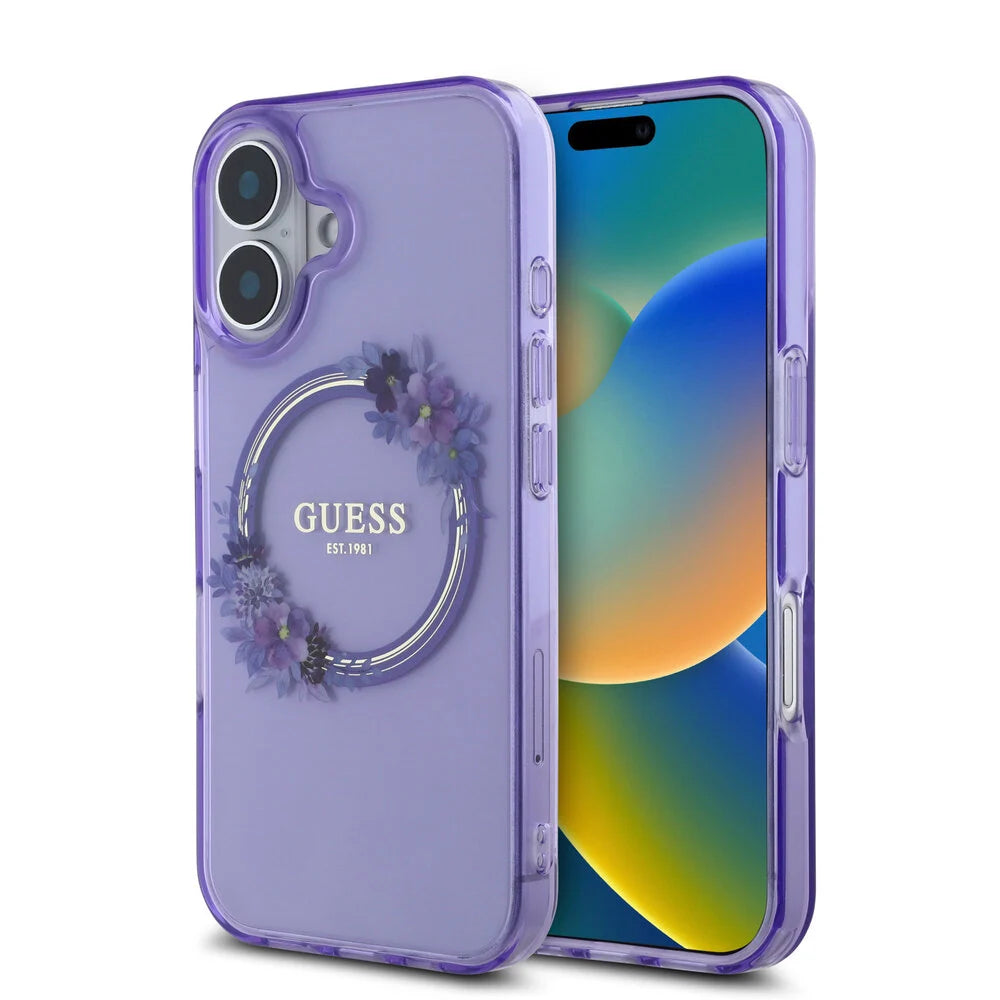 Guess iPhone 16 Backcover hoesje Magsafe IML Flowers - Paars