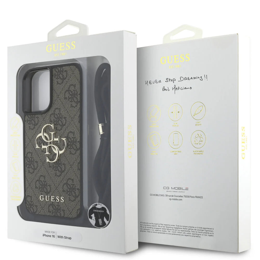 Guess iPhone 16 Backcover hoesje - Crossbody 4G Big Logo - Cord Strap - Bruin
