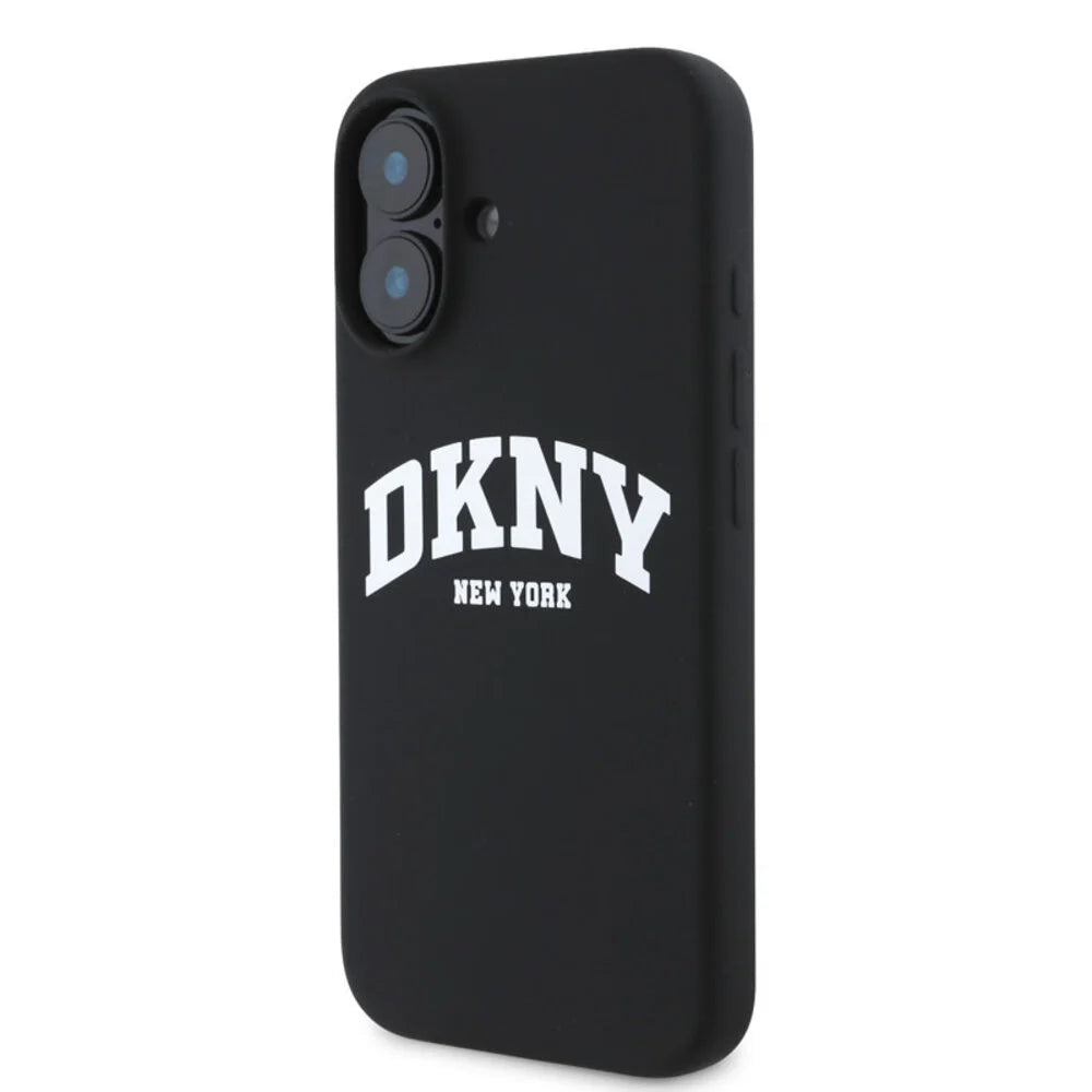 DKNY iPhone 16 Backcover hoesje Magsafe - Liquid Silicone - White Arch Logo - Zwart
