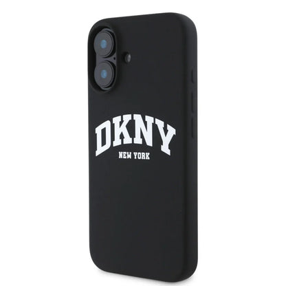 DKNY iPhone 16 Backcover hoesje Magsafe - Liquid Silicone - White Arch Logo - Zwart
