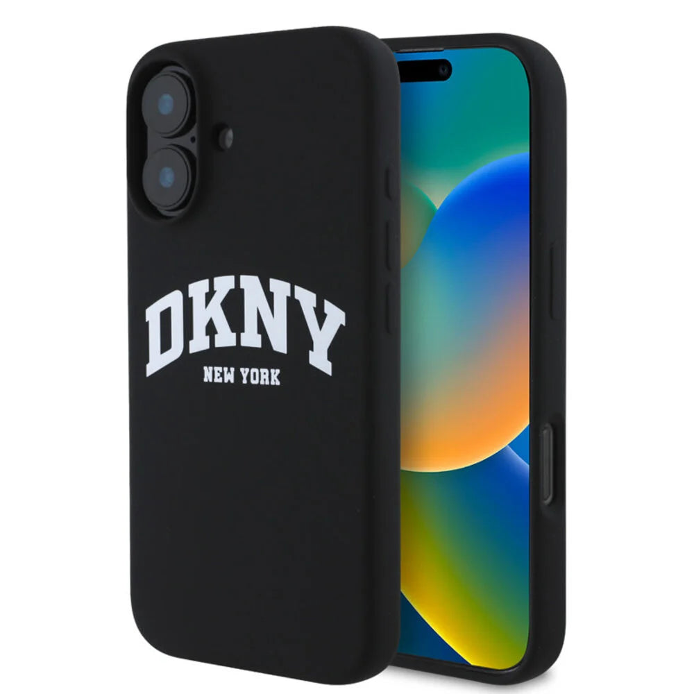 DKNY iPhone 16 Backcover hoesje Magsafe - Liquid Silicone - White Arch Logo - Zwart