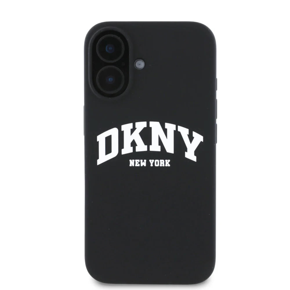 DKNY iPhone 16 Backcover hoesje Magsafe - Liquid Silicone - White Arch Logo - Zwart