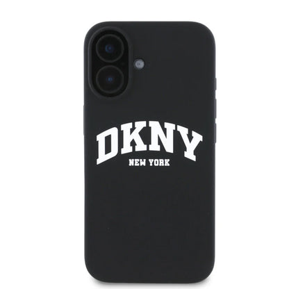 DKNY iPhone 16 Backcover hoesje Magsafe - Liquid Silicone - White Arch Logo - Zwart