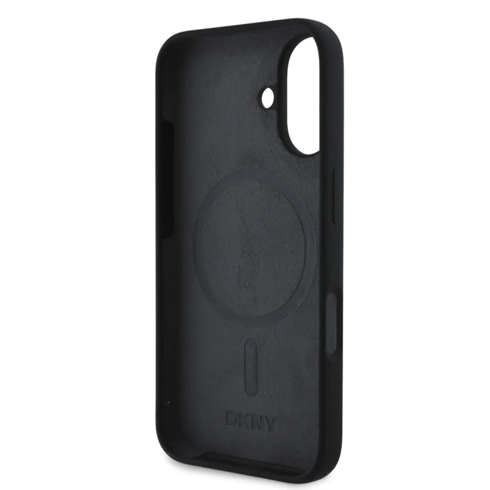 DKNY iPhone 16 Backcover hoesje Magsafe - Liquid Silicone - White Arch Logo - Zwart