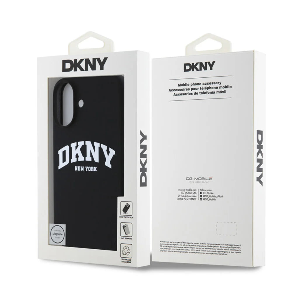 DKNY iPhone 16 Backcover hoesje Magsafe - Liquid Silicone - White Arch Logo - Zwart