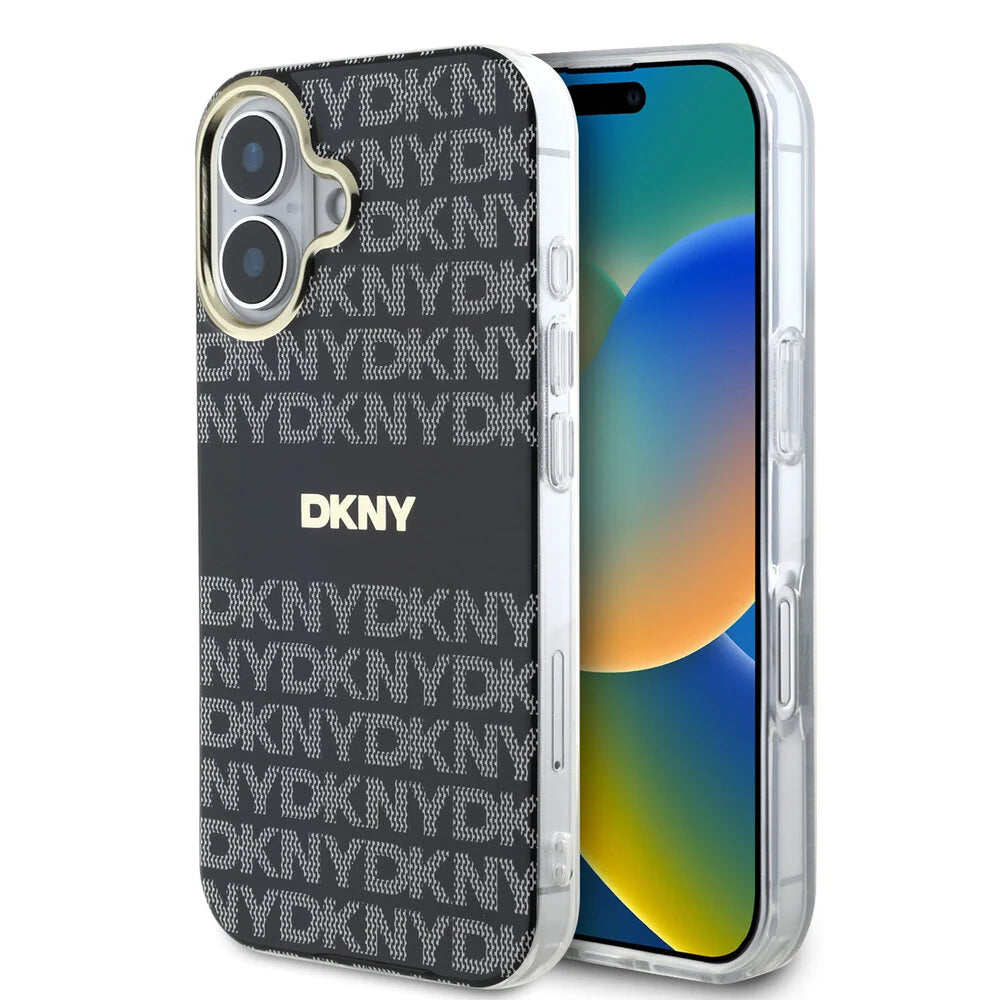 DKNY iPhone 16 Backcover hoesje PC/TPU Repeat Pattern Tonal Stripe Magsafe - Zwart