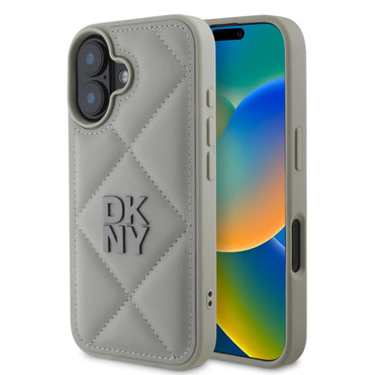 DKNY iPhone 16 Backcover hoesje PU Leather Quilted Stack Logo - Grijs