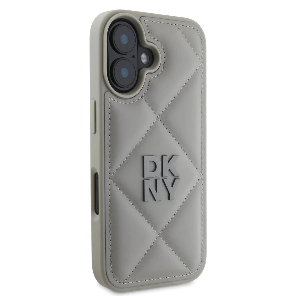 DKNY iPhone 16 Backcover hoesje PU Leather Quilted Stack Logo - Grijs