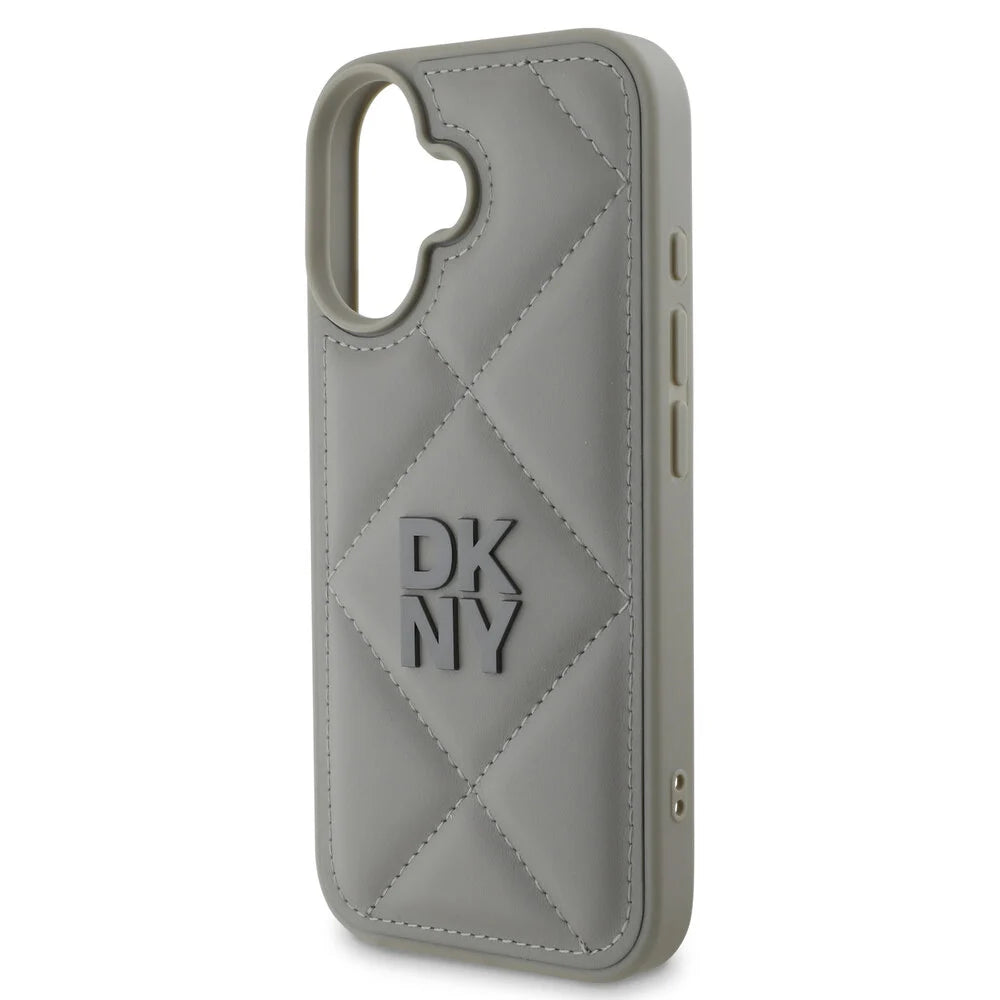 DKNY iPhone 16 Backcover hoesje PU Leather Quilted Stack Logo - Grijs
