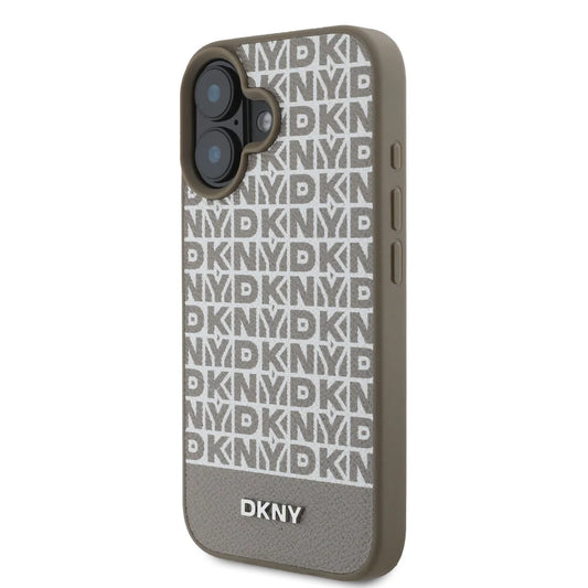DKNY iPhone 16 Backcover hoesje PU Leather Repeat Pattern Bottom Stripe MagSafe - Bruin