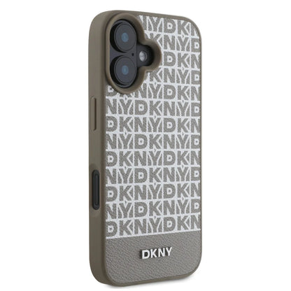 DKNY iPhone 16 Backcover hoesje PU Leather Repeat Pattern Bottom Stripe MagSafe - Bruin