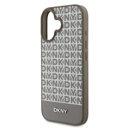 DKNY iPhone 16 Backcover hoesje PU Leather Repeat Pattern Bottom Stripe MagSafe - Bruin