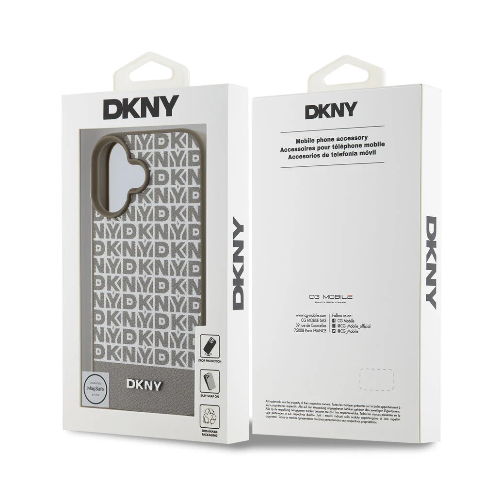 DKNY iPhone 16 Backcover hoesje PU Leather Repeat Pattern Bottom Stripe MagSafe - Bruin