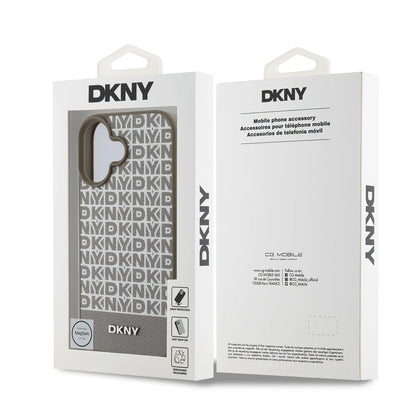 DKNY iPhone 16 Backcover hoesje PU Leather Repeat Pattern Bottom Stripe MagSafe - Bruin