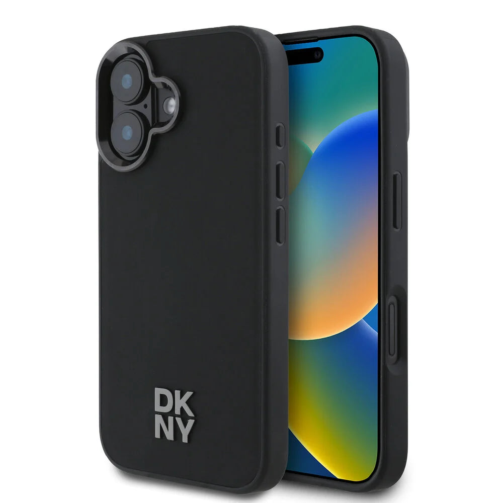 DKNY iPhone 16 Backcover hoesje Kunstleren Stack Logo Magsafe-hoesje - Zwart
