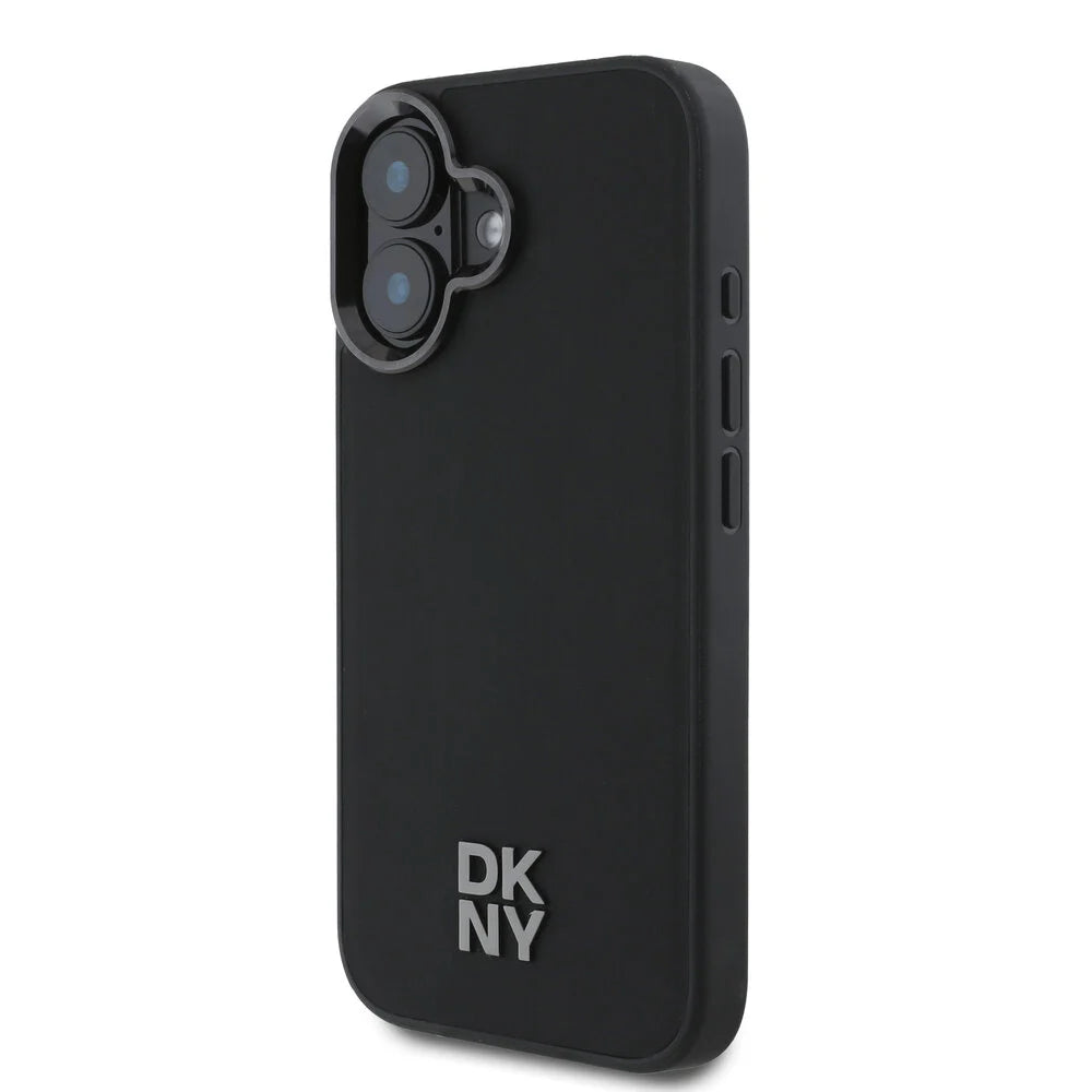 DKNY iPhone 16 Backcover hoesje Kunstleren Stack Logo Magsafe-hoesje - Zwart