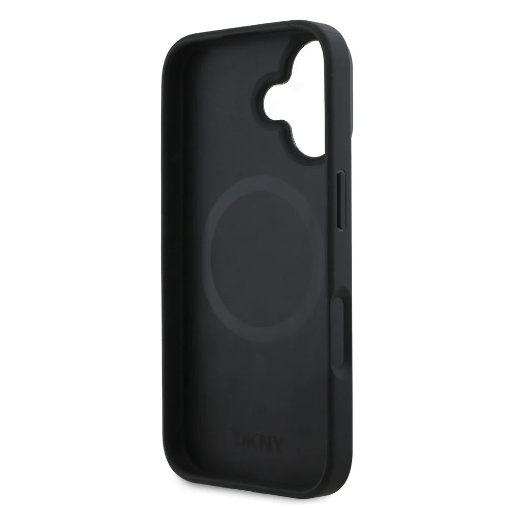 DKNY iPhone 16 Backcover hoesje Kunstleren Stack Logo Magsafe-hoesje - Zwart