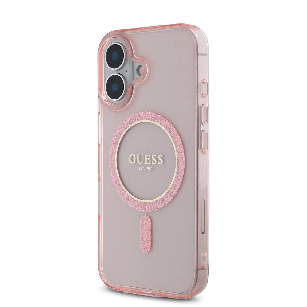 Guess iPhone 16 Backcover hoesje Magsafe IML Glitter - Roze