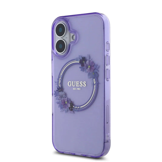 Guess iPhone 16 Backcover hoesje Magsafe IML Flowers - Paars