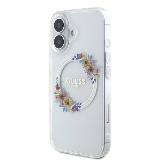 Guess iPhone 16 Backcover hoesje Magsafe IML Flowers - Transparant