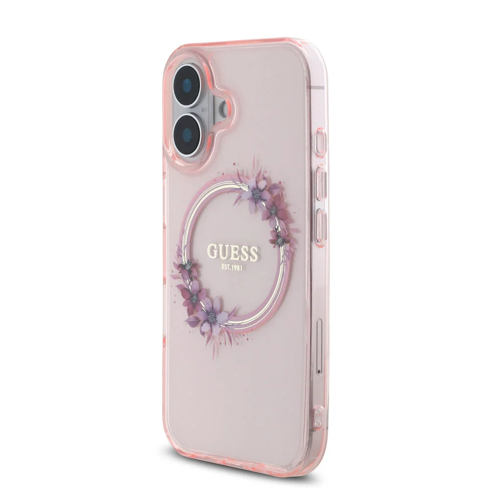 Guess iPhone 16 Backcover hoesje Magsafe IML Flowers - Roze