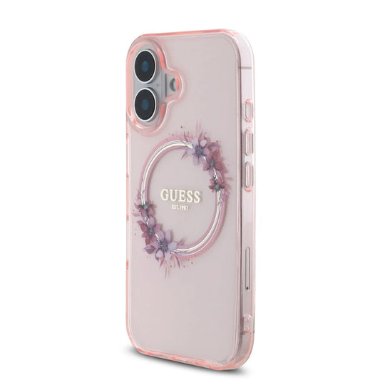 Guess iPhone 16 Backcover hoesje Magsafe IML Flowers - Roze