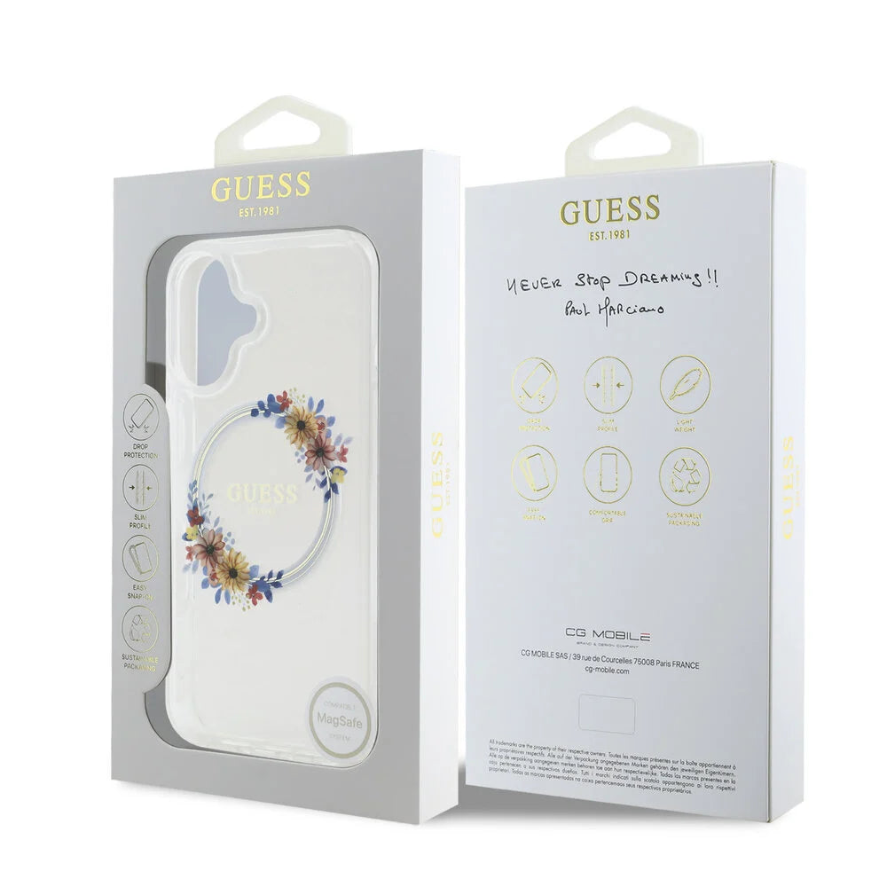 Guess iPhone 16 Backcover hoesje Magsafe IML Flowers - Transparant
