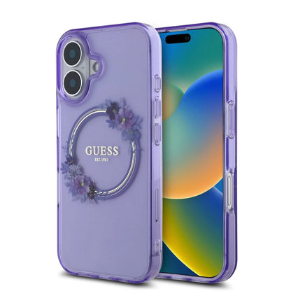 Guess iPhone 16 Backcover hoesje Magsafe IML Flowers - Paars