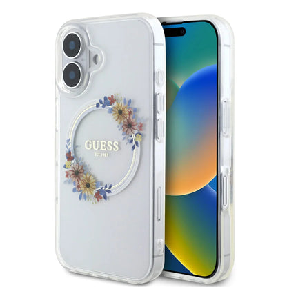Guess iPhone 16 Backcover hoesje Magsafe IML Flowers - Transparant