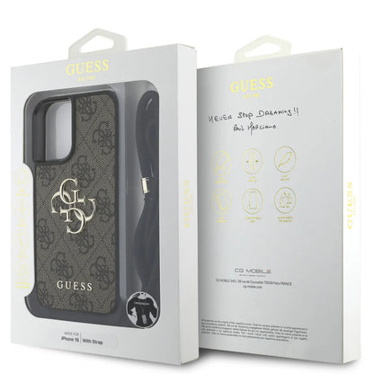 Guess iPhone 16 Backcover hoesje - Crossbody 4G Big Logo - Cord Strap - Bruin